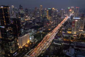 A drone view shows traffic during evening rush hours at the business district in Jakarta, Indonesia, February 3, 2026. REUTERS/Willy Kurniawan Purchase Licensing Rights